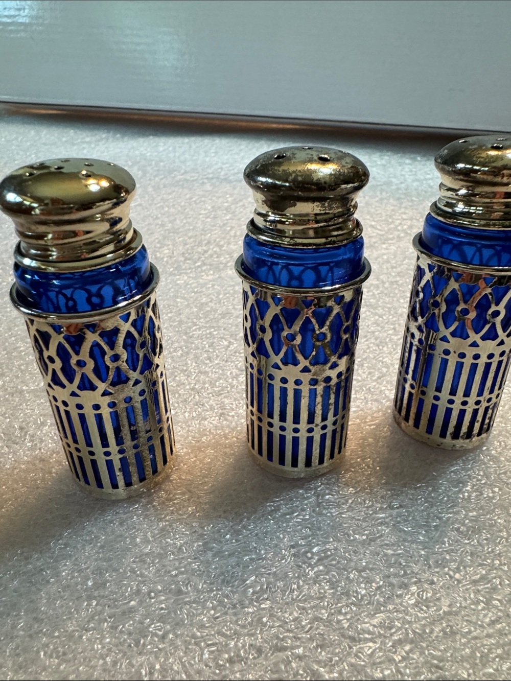 Vintage Cobalt Blue Glass Salt & Pepper Shaker Set with Silver Overlay Set of 3